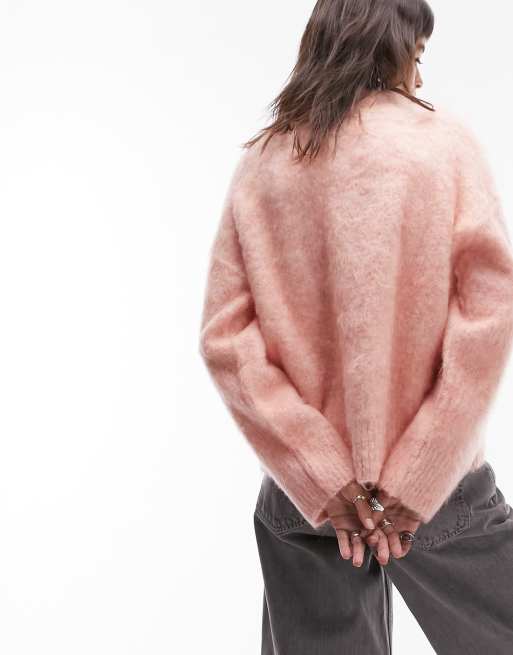 Topshop Loop Sherpa Fleece 1/4 Zip Sweater Long Sleeve Soft Pink