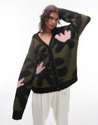 Topshop knitted fluffy large flower cardigan in khaki