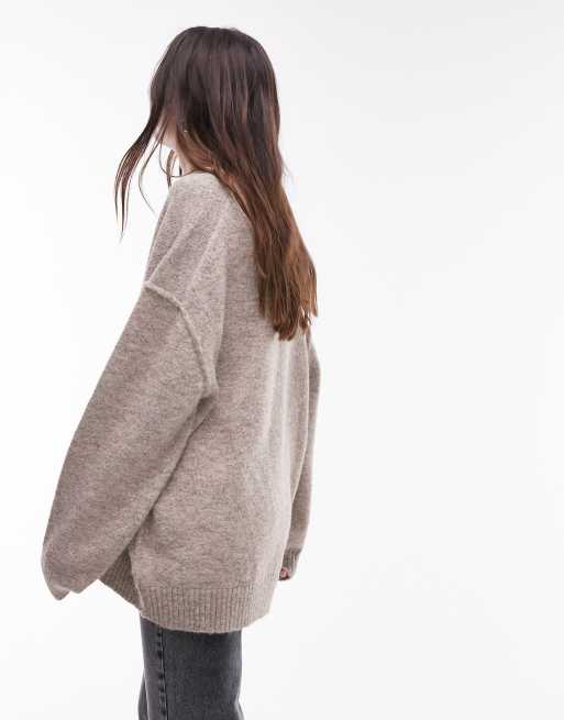 Topshop knitted fluffy long line cardi in oat