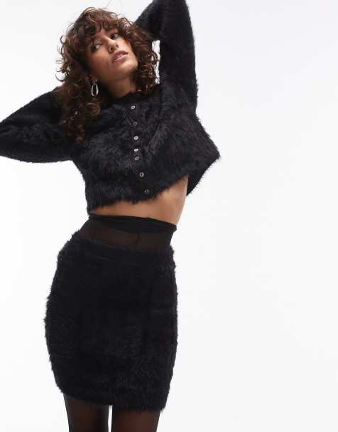 Topshop knitted fluffy mini skirt co-ord in black - view 1