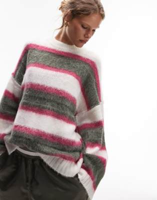 Topshop knitted fluffy mixed stripe jumper with exposed seams in multi