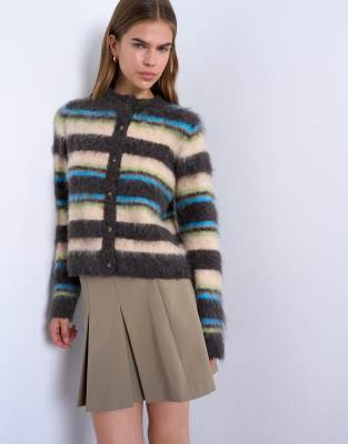 Knitted fluffy multi stripe cardigan | Topshop