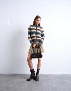 Model wearing Knitted fluffy multi stripe cardigan