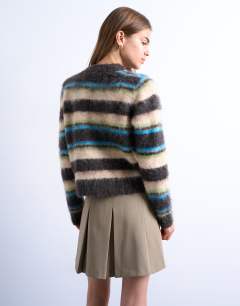 Model wearing Knitted fluffy multi stripe cardigan