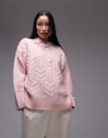 [Topshop] Topshop knitted fluffy oversized cable jumper in pink-Multi L pink