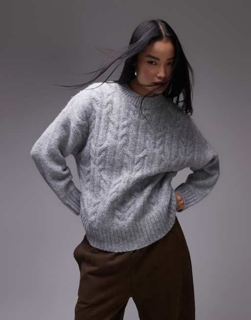 Topshop knitted fluffy oversized cable sweater in gray