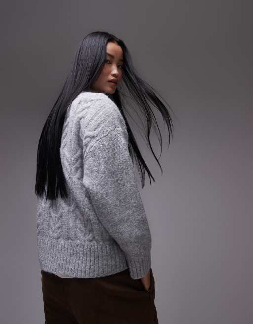 Topshop knitted fluffy oversized cable sweater in gray