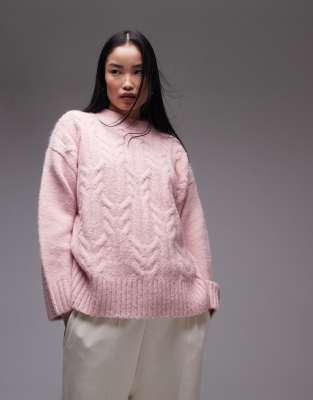 Topshop Knitted Fluffy Oversized Cable Sweater In Pink-multi