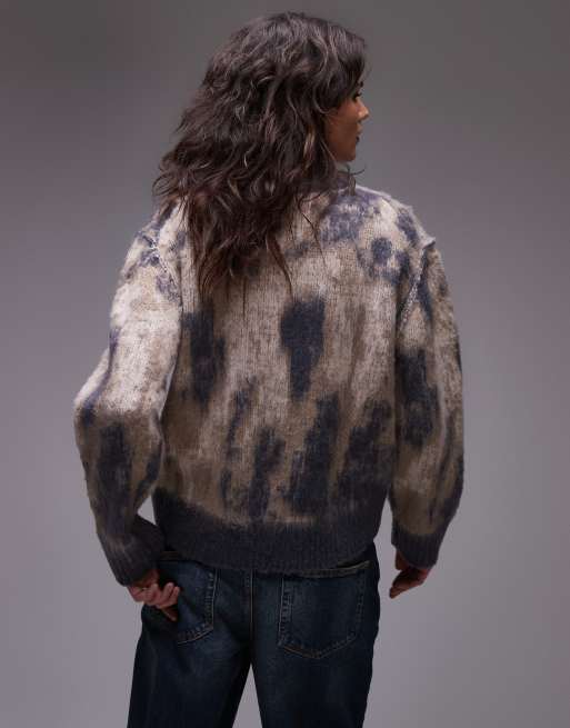 Topshop knitted fluffy printed oversized jumper in blue, navy and pink, 4 of 4