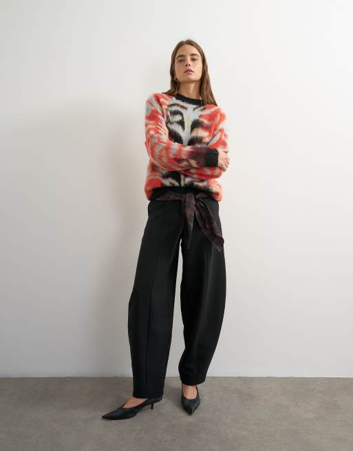Topshop knitted fluffy relaxed fit brushed abstract crew neck jumper in red, 2 of 4
