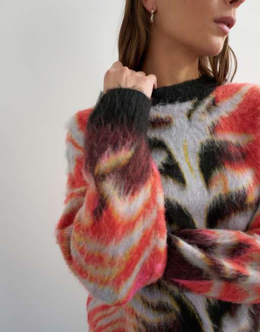 Topshop knitted fluffy relaxed fit brushed abstract crew neck jumper in red, 3 of 4