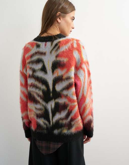 Topshop knitted fluffy relaxed fit brushed abstract crew neck jumper in red, 4 of 4