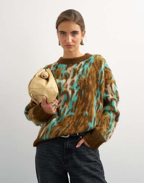 Topshop knitted fluffy relaxed fit brushed animal crew neck jumper in brown - view 1