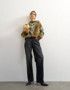 Model wearing Knitted fluffy relaxed fit brushed animal crew neck jumper in brown