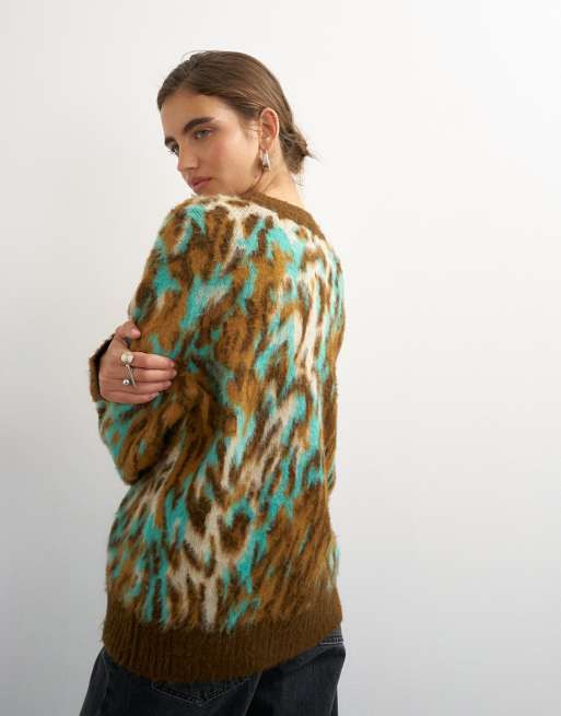 Topshop knitted fluffy relaxed fit brushed animal crew neck jumper in brown, 4 of 4