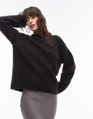 Topshop knitted fluffy relaxed jumper in black