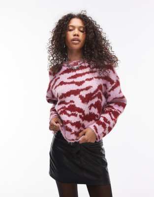 Topshop knitted fluffy relaxed ultimate jumper in pink and red zebra