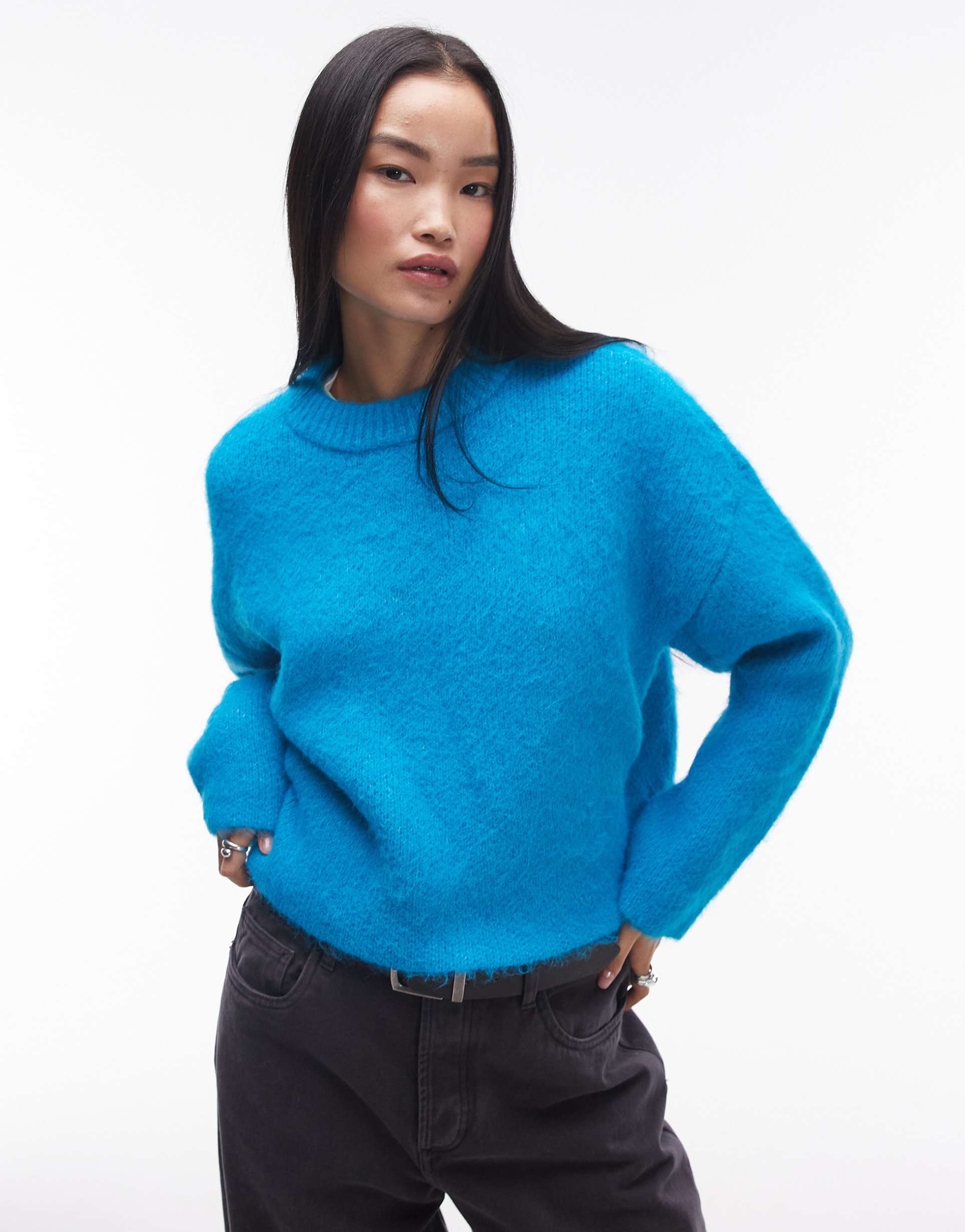 topshop knitted fluffy relaxed ultimate sweater in bright blue