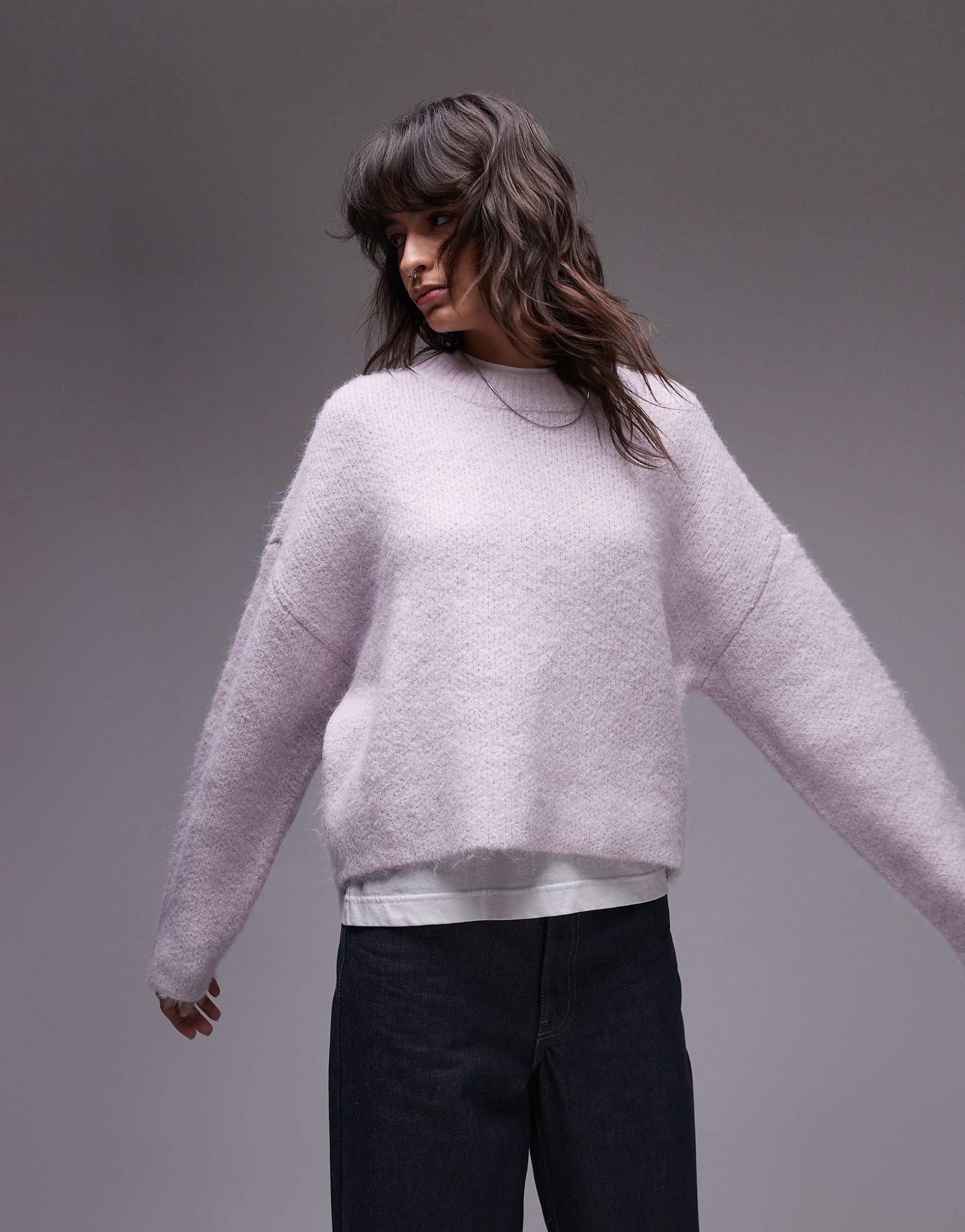 topshop knitted fluffy relaxed ultimate sweater in lilac