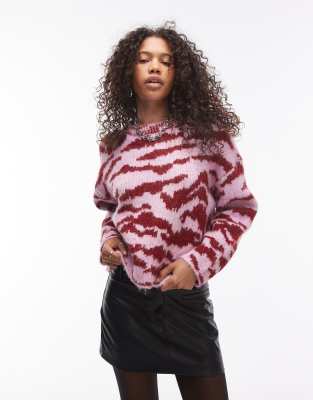 Topshop Knitted Fluffy Relaxed Ultimate Sweater In Pink And Red Zebra-multi