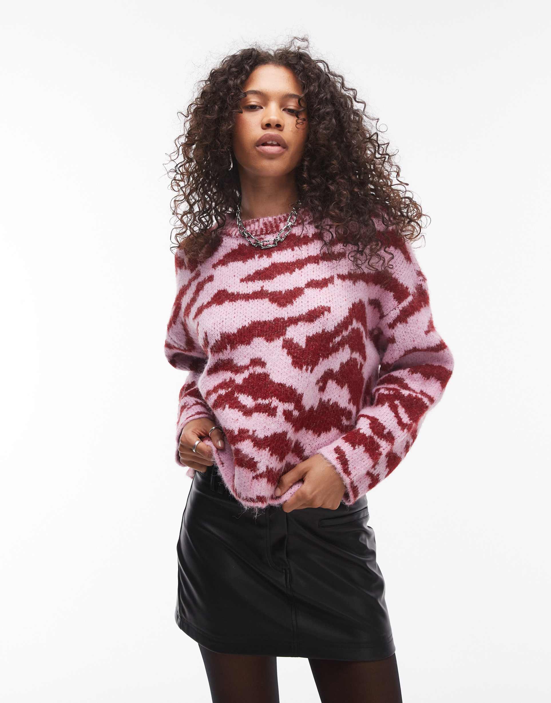 topshop knitted fluffy relaxed ultimate sweater in pink and red zebra