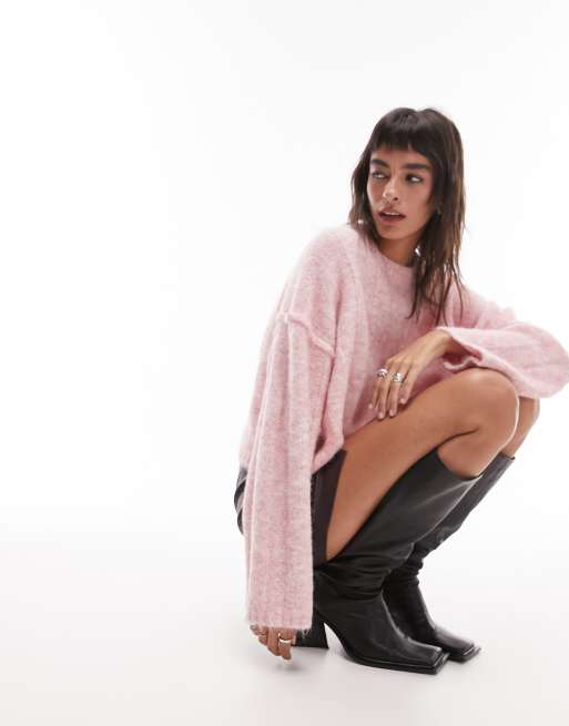 Topshop knitted fluffy rib crop jumper in blush, 3 of 4