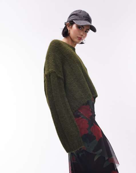 Topshop knitted fluffy rib crop jumper in khaki - view 1