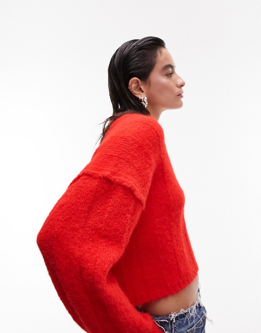 Topshop knitted fluffy rib crop jumper in red