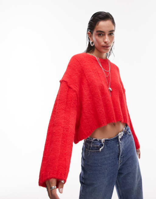 Red fuzzy crop sweater hot sale