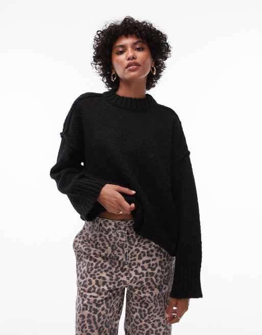 Topshop knitted fluffy rib detail exposed seam crew oversized jumper in black ASOS