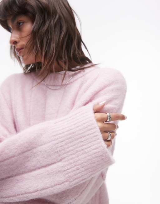 Topshop knitted fluffy rib oversized crew jumper in lilac, 2 of 4