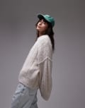 [Topshop] Topshop knitted fluffy rib oversized crew jumper in oat-Neutral L Oat