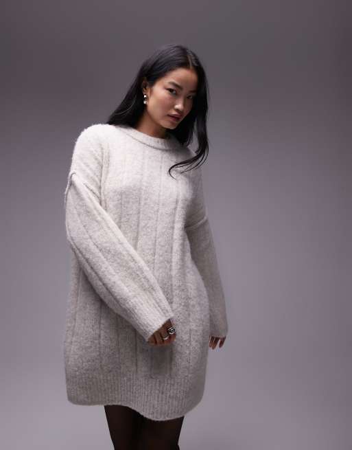 Topshop knitted fluffy rib oversized crew jumper in oat ASOS