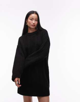 knitted fluffy rib oversized crew mini dress in black