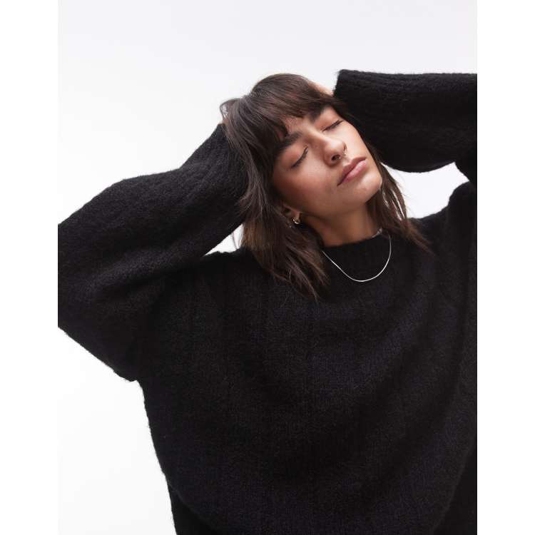 Topshop knitted fluffy rib oversized crew sweater in black | ASOS