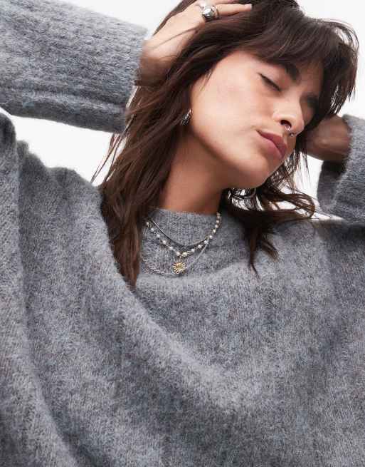 Topshop knitted fluffy rib oversized crew sweater in gray | ASOS