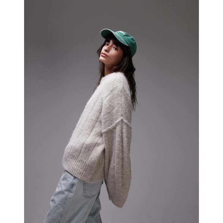 Topshop knitted fluffy rib oversized crew sweater in oat ASOS