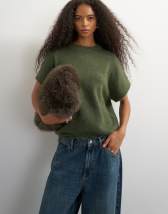 Topshop knitted fluffy short sleeve top with wool in khaki