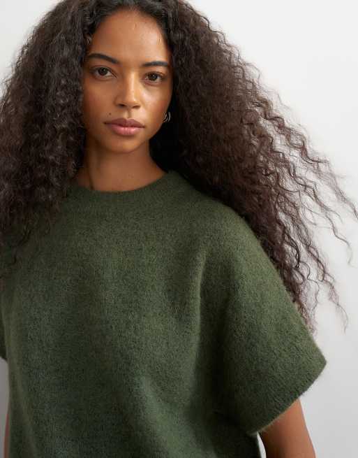 Topshop knitted fluffy short sleeve top with wool in khaki, 2 of 4
