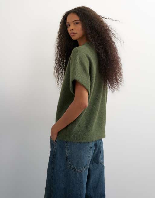 Topshop knitted fluffy short sleeve top with wool in khaki, 3 of 4