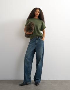 Model wearing Knitted fluffy short sleeve top with wool in khaki