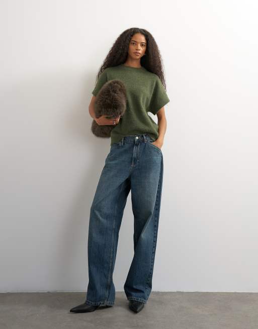Topshop knitted fluffy short sleeve top with wool in khaki, 4 of 4