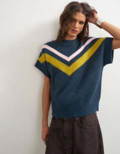 Model wearing Knitted fluffy short sleeve top with wool in multi stripe