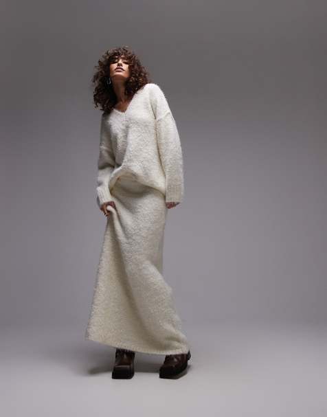 Topshop knitted fluffy skirt in cream (part of a set) - view 1