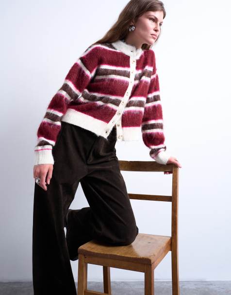 Topshop knitted fluffy stripe cardigan in pink - view 1