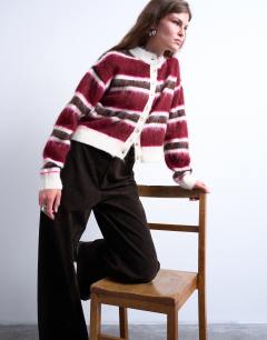Knitted fluffy stripe cardigan in pink