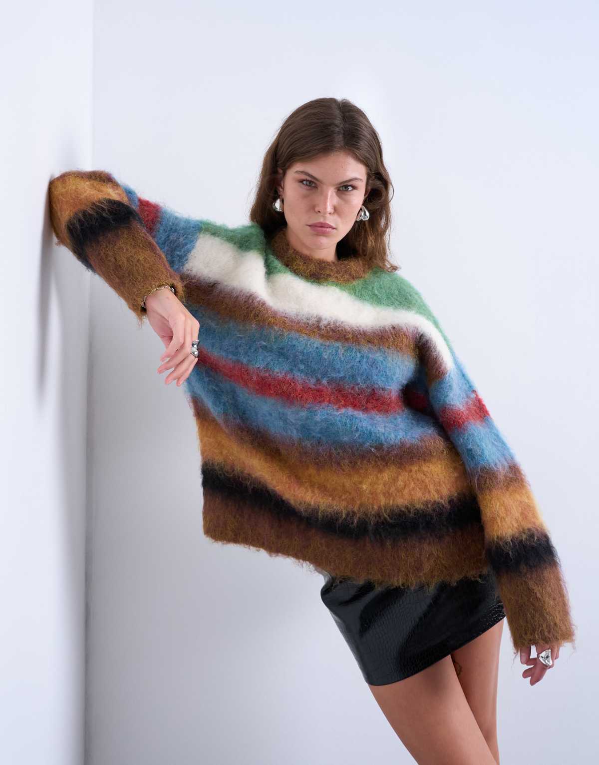 Topshop knitted fluffy stripe jumper in multi