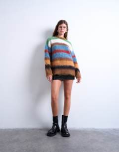 Model wearing Knitted fluffy stripe jumper in multi