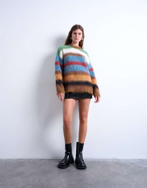 Topshop knitted fluffy stripe jumper in multi, 2 of 4