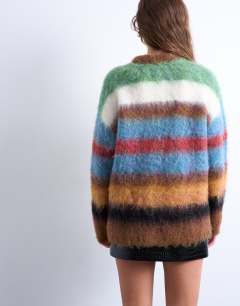Model wearing Knitted fluffy stripe jumper in multi